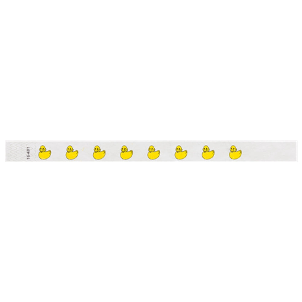 White tyvek wristband with yellow rubber duck illustrations - flatversion shown
