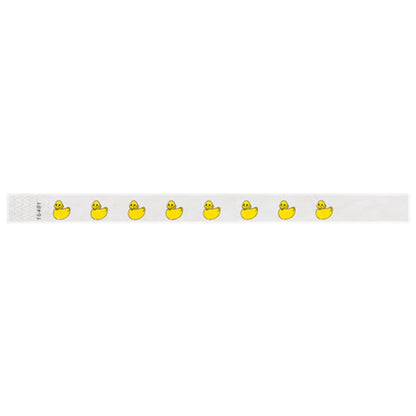 White tyvek wristband with yellow rubber duck illustrations - flatversion shown