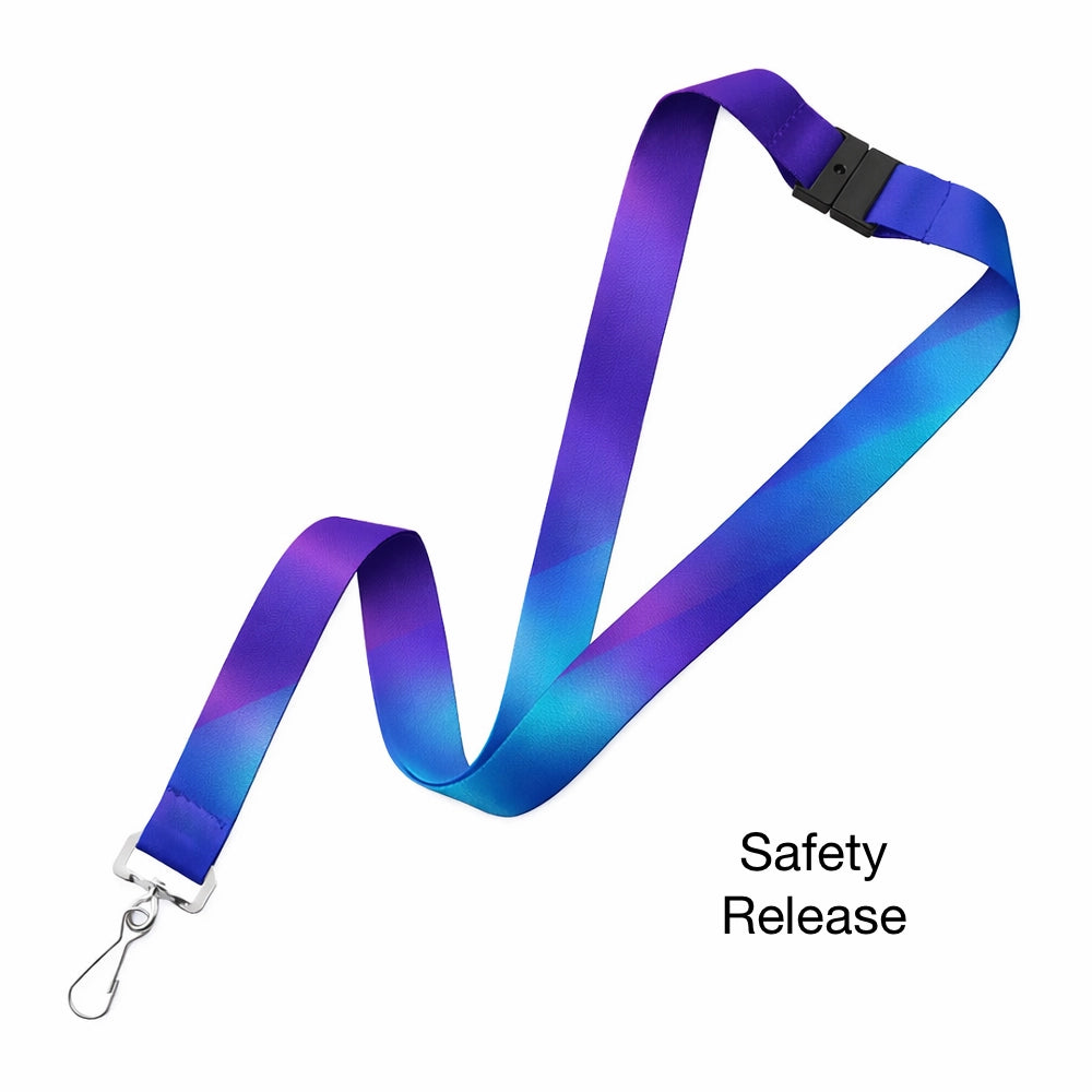 Gradient blue and purple lanyard with safety neck release 