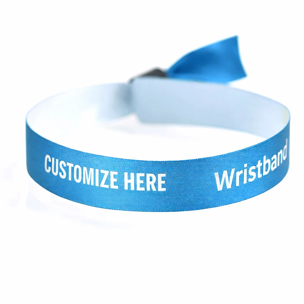 blue satin wristband with a placeholder to imprint your own information