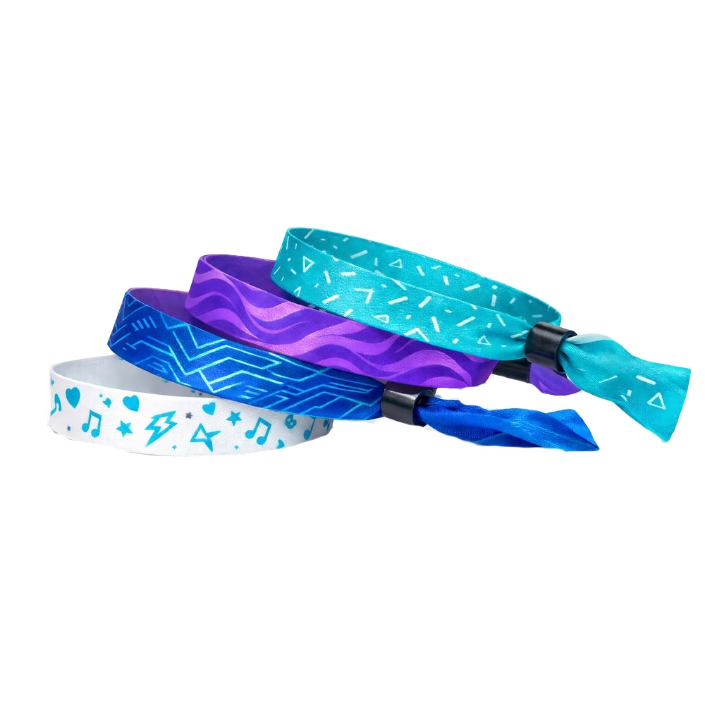 white, blue, purple and teal satin cloth wristbands