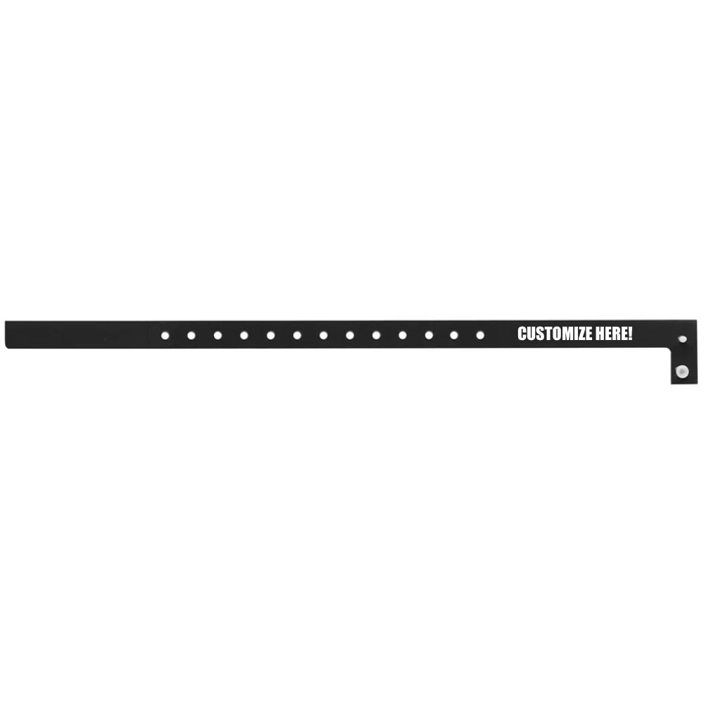 Plastic slim wristband in black with white text "CUSTOMIZE HERE!" - shown in flat 
