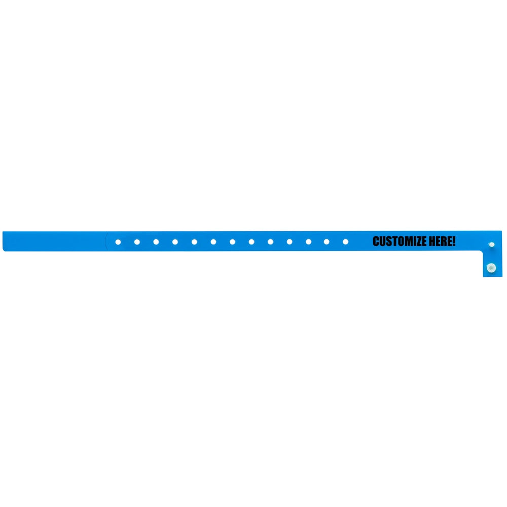 Plastic slim wristband in neon blue with black text "CUSTOMIZE HERE!" - shown in flat 