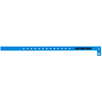 Plastic slim wristband in neon blue with black text "CUSTOMIZE HERE!" - shown in flat 