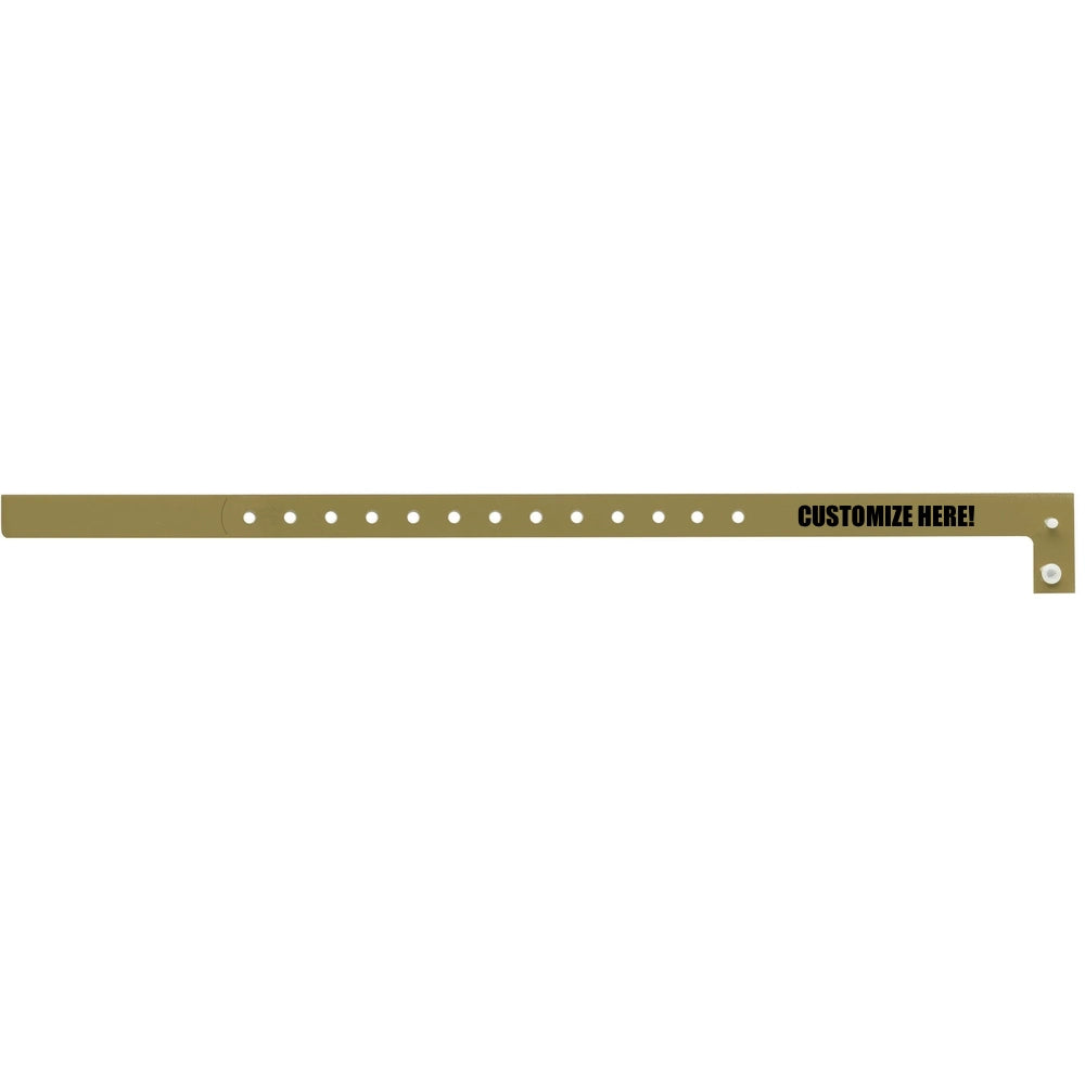 Plastic slim wristband in gold with black text "CUSTOMIZE HERE!" - shown in flat 