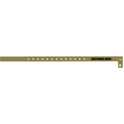 Plastic slim wristband in gold with black text "CUSTOMIZE HERE!" - shown in flat 
