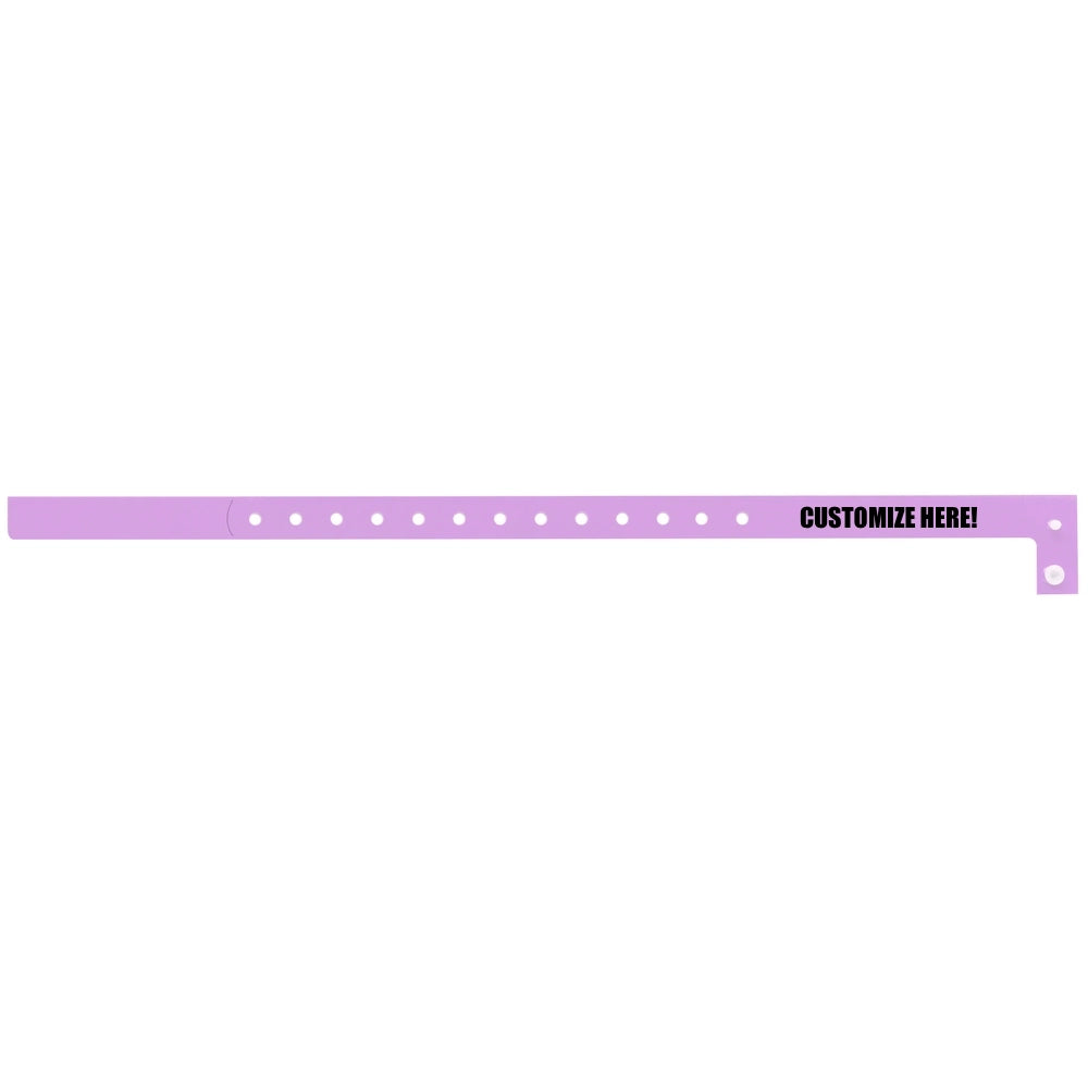 Plastic slim wristband in lavender with black text "CUSTOMIZE HERE!" - shown in flat 