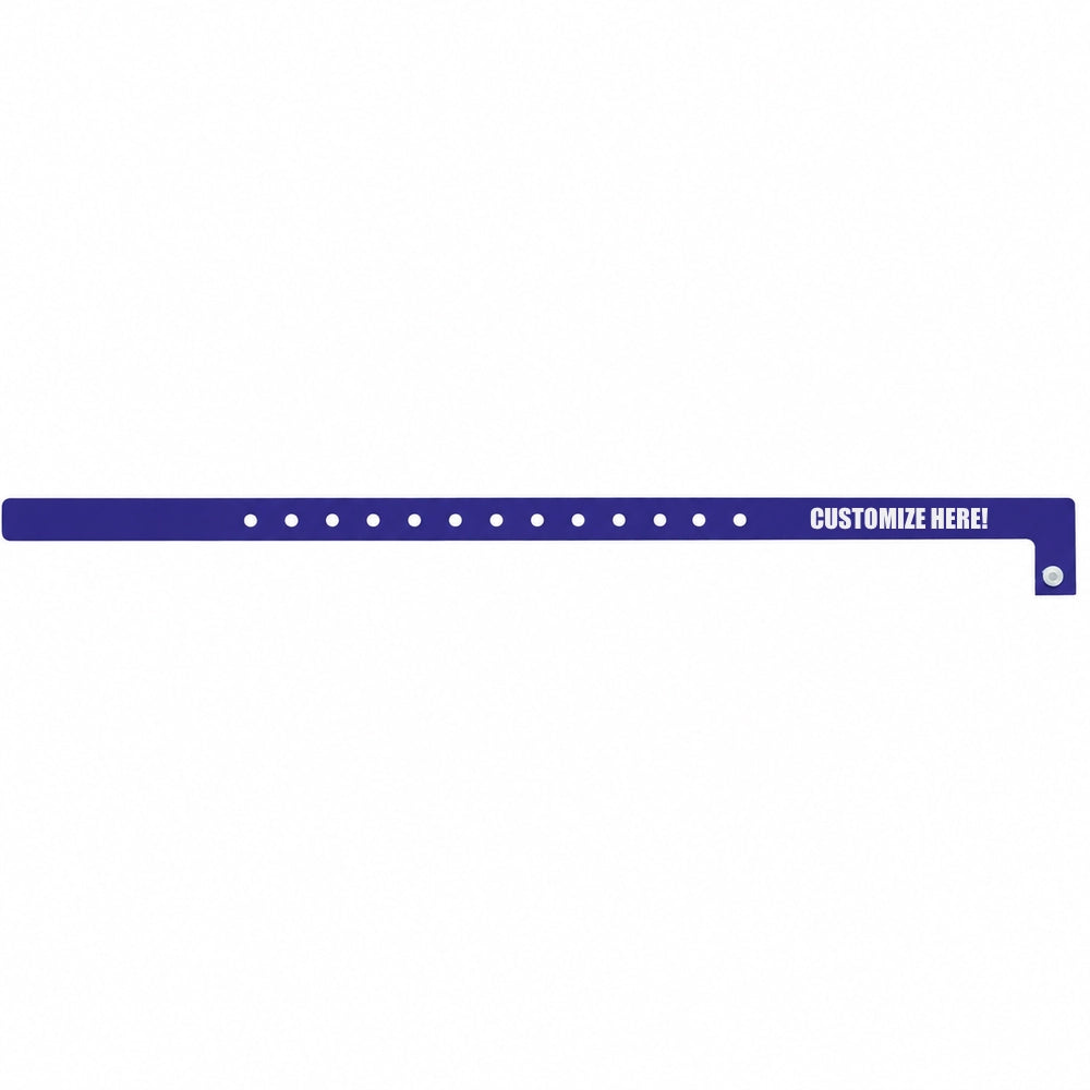 Plastic slim wristband in navy blue with black text "CUSTOMIZE HERE!" - shown in flat 