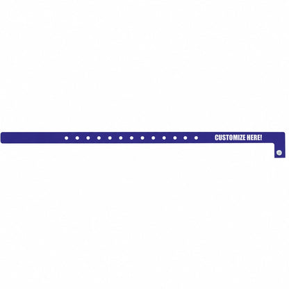 Plastic slim wristband in navy blue with black text "CUSTOMIZE HERE!" - shown in flat 