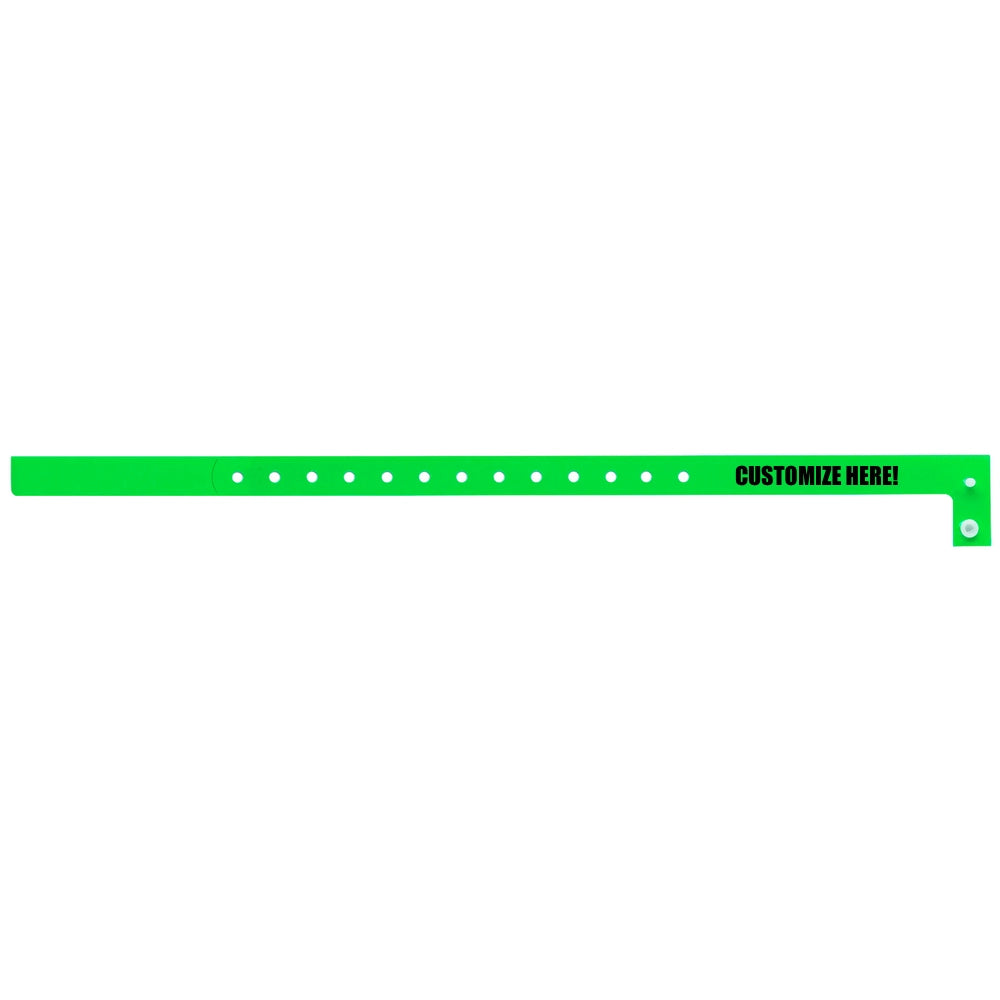 Plastic slim wristband in neon green with black text "CUSTOMIZE HERE!" - shown in flat 