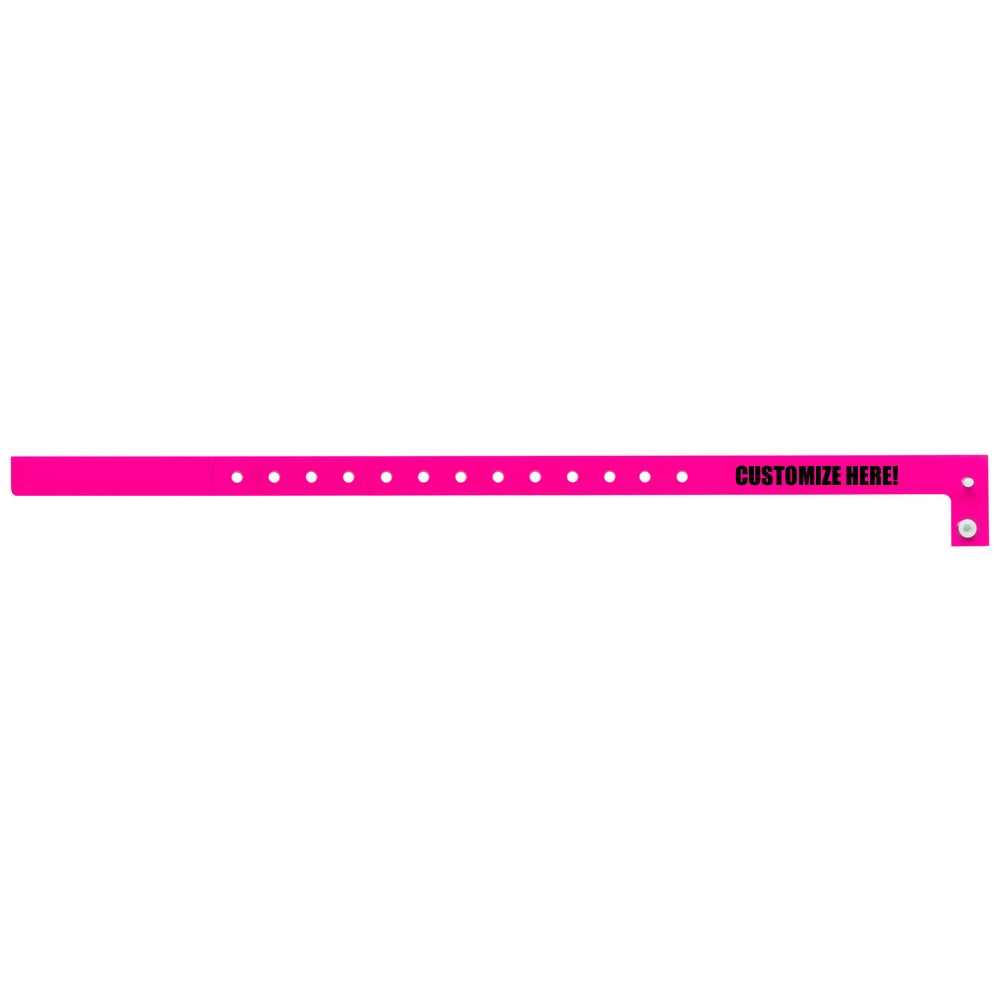 Plastic slim wristband in neon pink with black text "CUSTOMIZE HERE!" - shown in flat 
