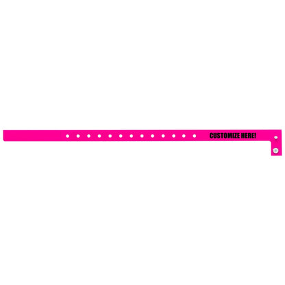 Plastic slim wristband in neon pink with black text "CUSTOMIZE HERE!" - shown in flat 
