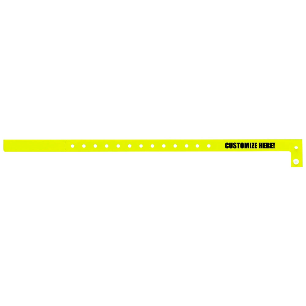 Plastic slim wristband in neon yellow with black text "CUSTOMIZE HERE!" - shown in flat 