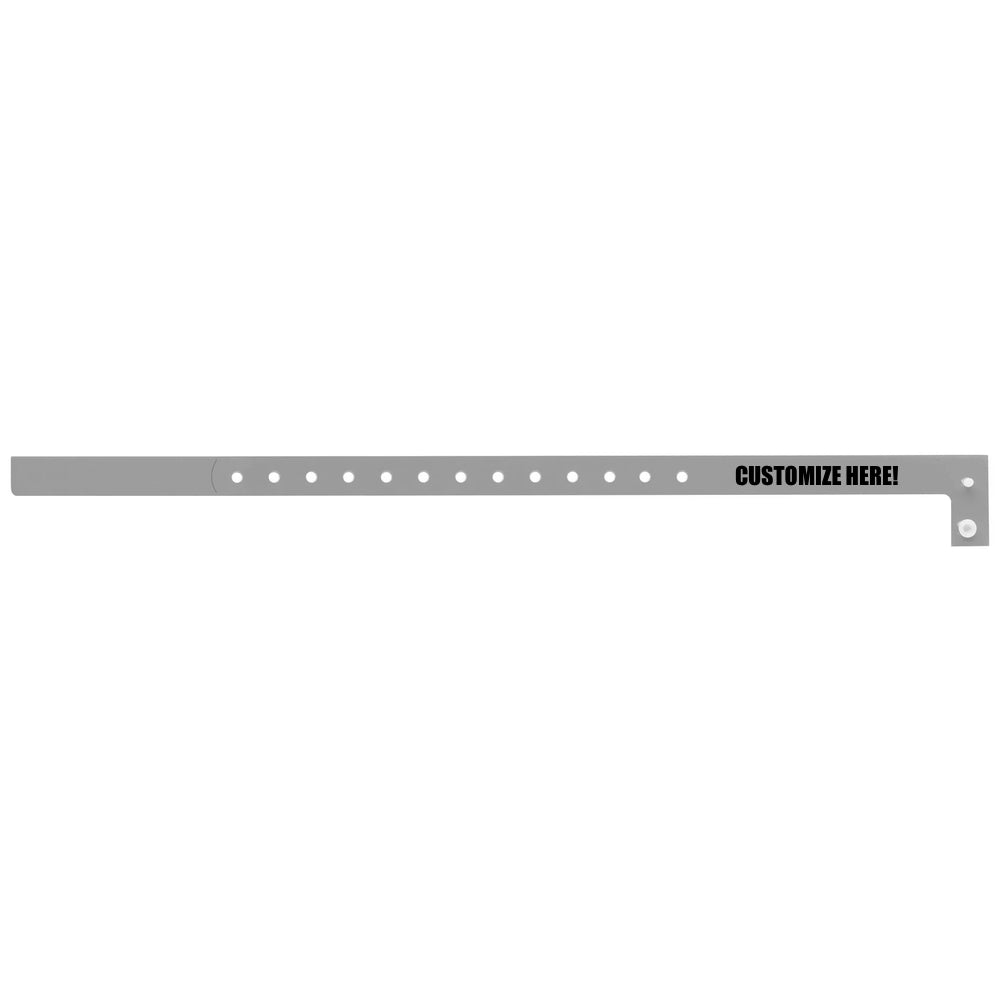 Plastic slim wristband in silver with black text "CUSTOMIZE HERE!" - shown in flat 