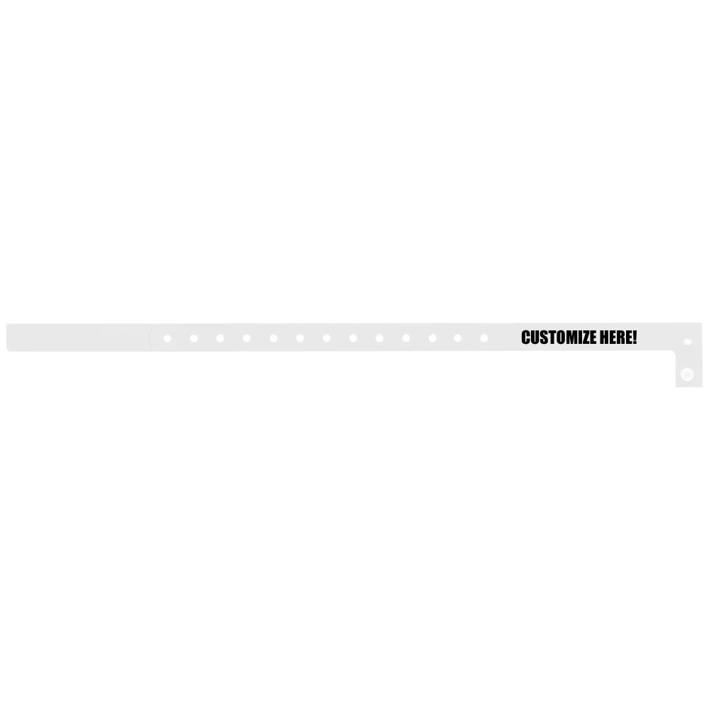 Plastic slim wristband in white with black text "CUSTOMIZE HERE!" - shown in flat 