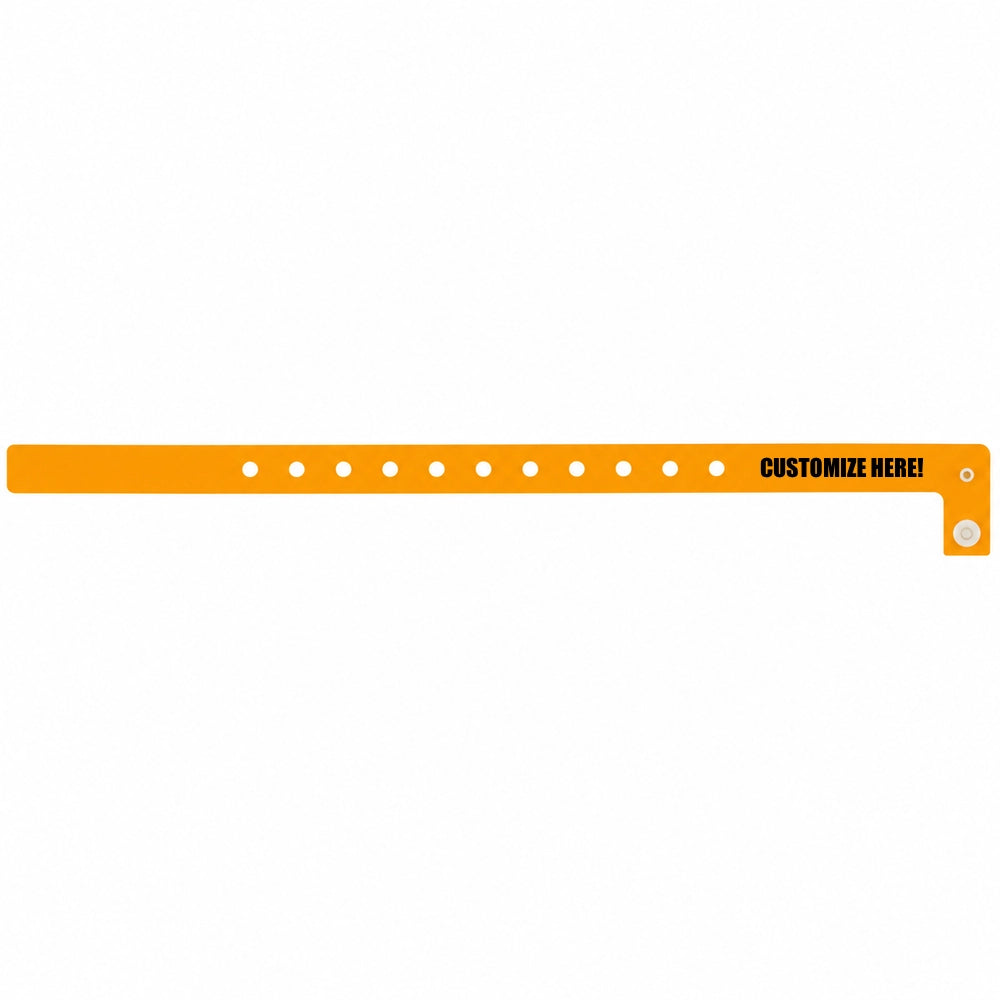 Plastic slim wristband in neon orange with black text "CUSTOMIZE HERE!" - shown in flat 