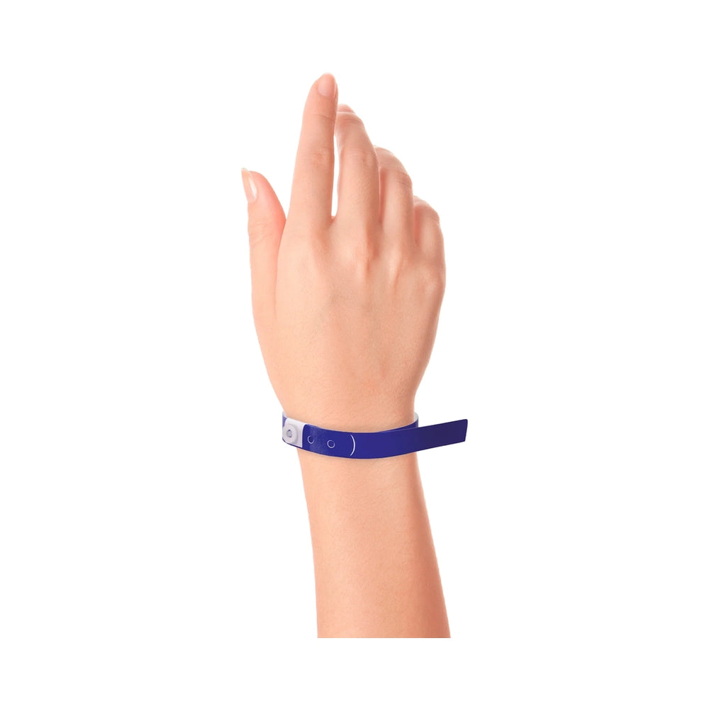 Plastic slim wristband in navy blue - shown on wrist