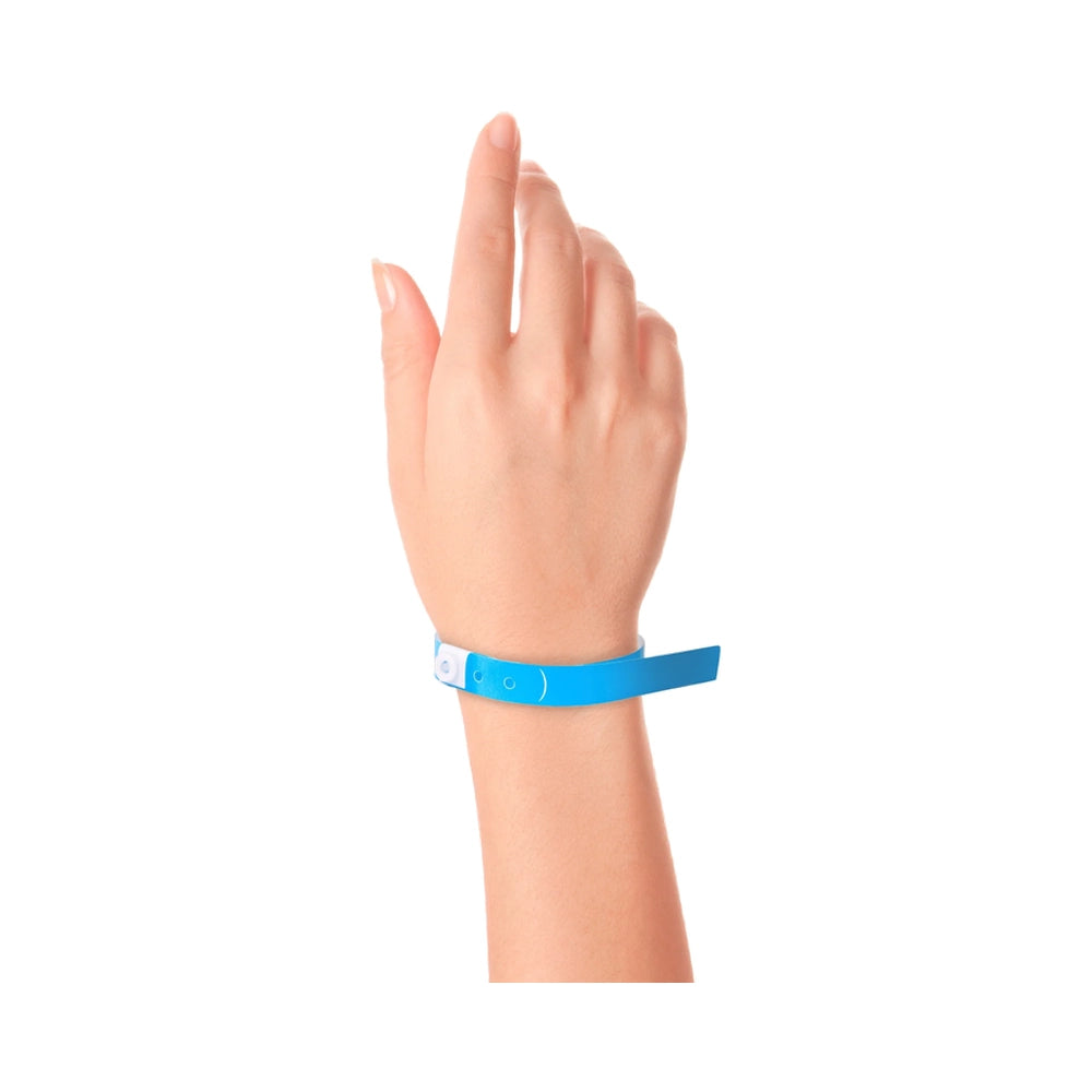 Plastic slim wristband in neon blue - shown on wrist