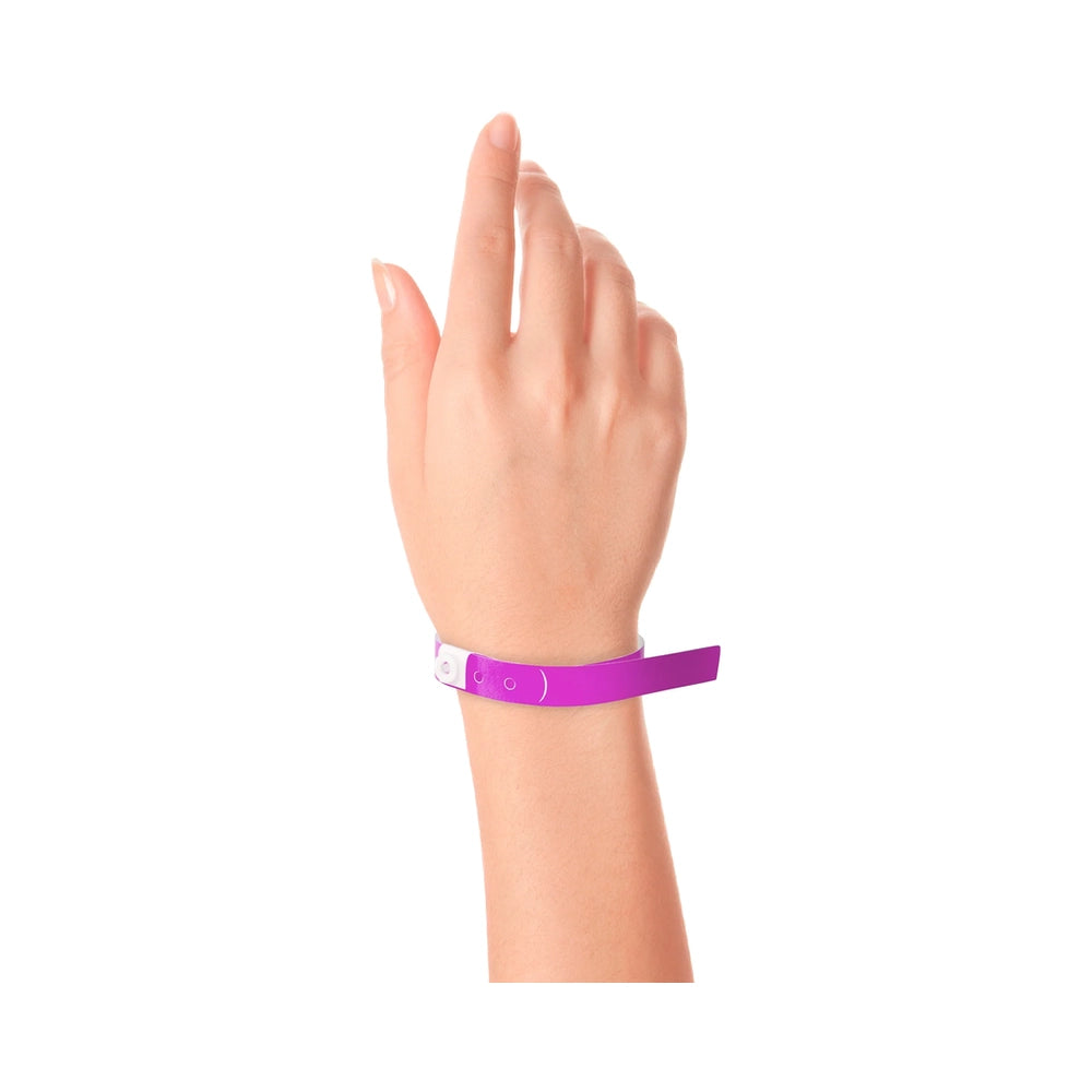 Plastic slim wristband in pantone purple - shown on wrist