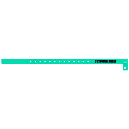 Plastic slim wristband in aqua with black text "CUSTOMIZE HERE!" - shown in flat 