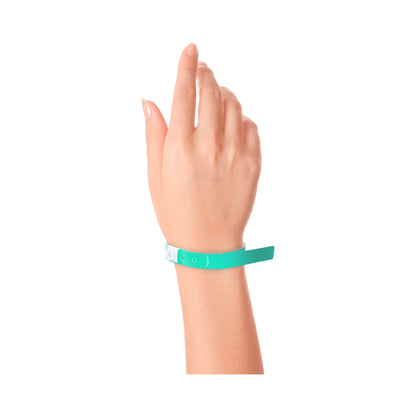 Wrist wearing plastic slim wristband in aqua