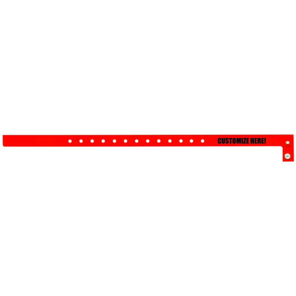 Plastic slim wristband in neon red with black text "CUSTOMIZE HERE!" - shown in flat 
