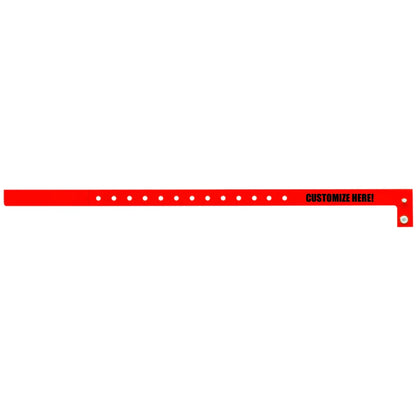 Plastic slim wristband in neon red with black text "CUSTOMIZE HERE!" - shown in flat 