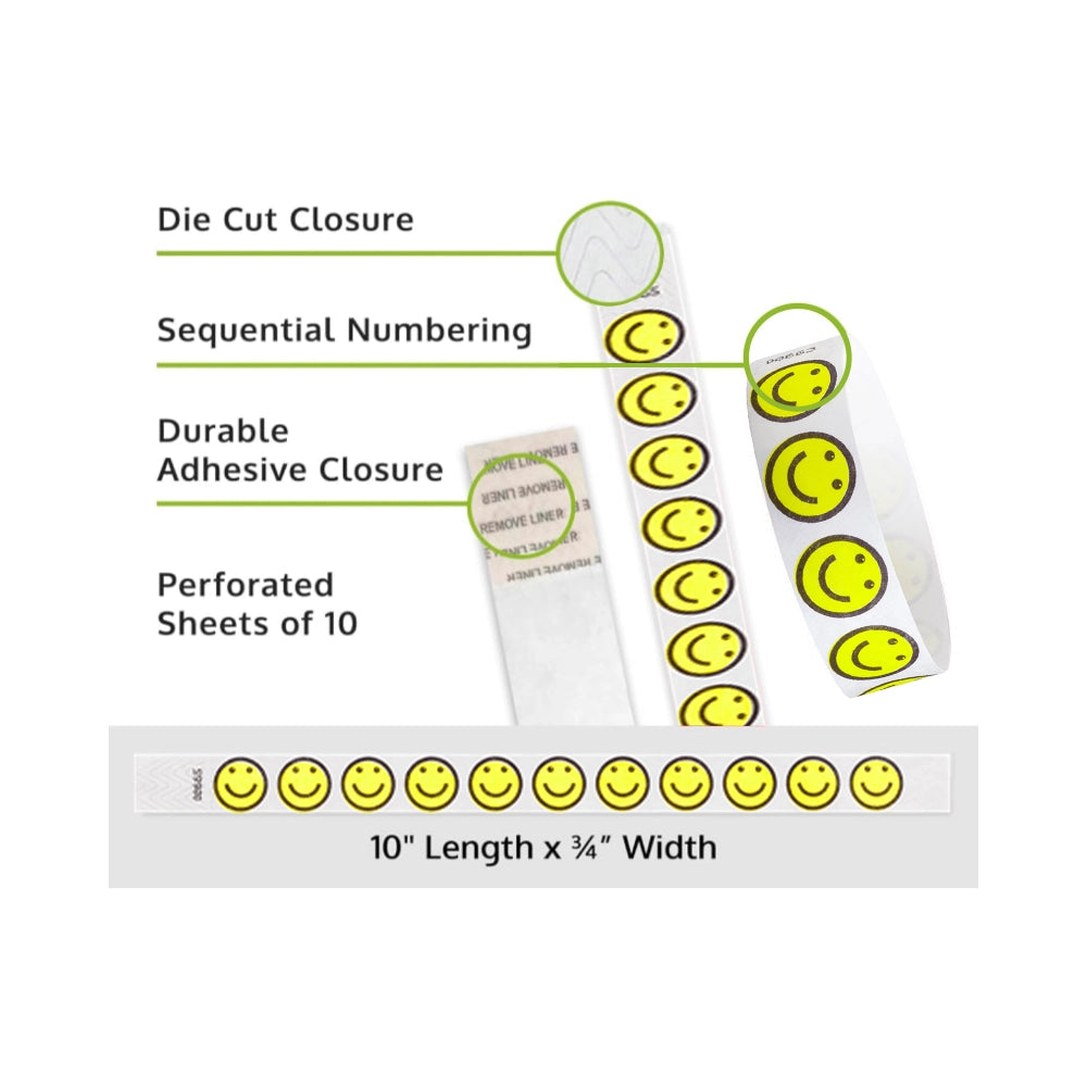 smiley happyface tyvek wristband detail product page showing the die cut adhesive closure, sequential numbering, perforated sheets of 10 and the dimensions.
