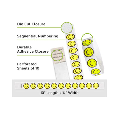 smiley happyface tyvek wristband detail product page showing the die cut adhesive closure, sequential numbering, perforated sheets of 10 and the dimensions.