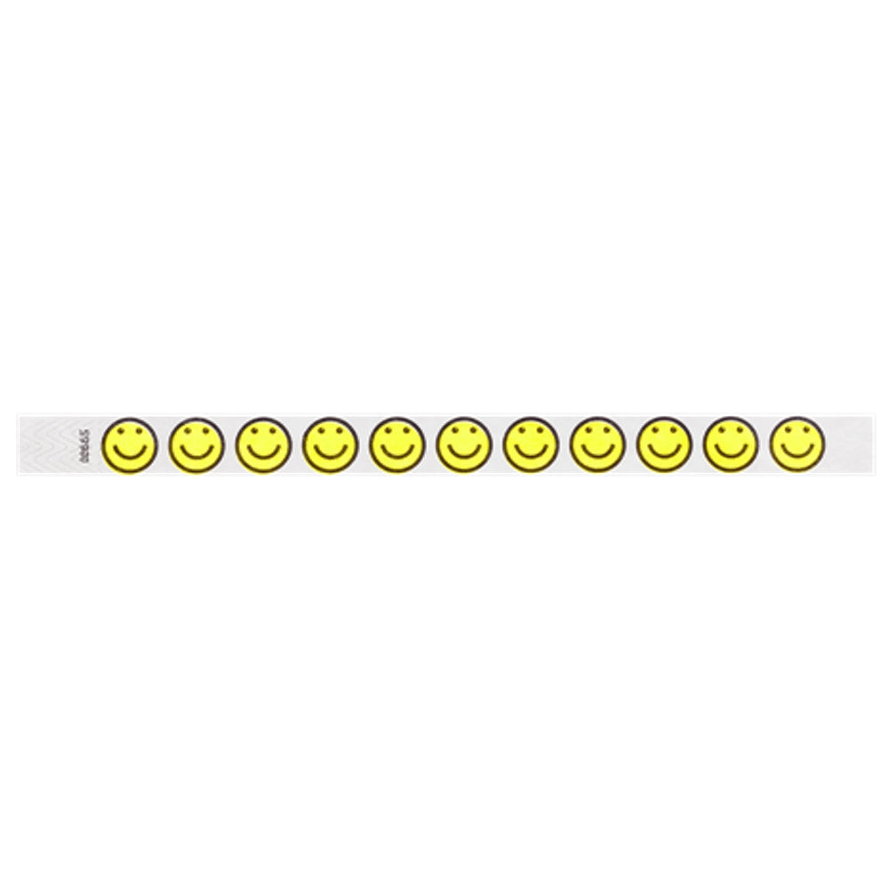 white tyvek Wristband with neon yellow smiley face designs outlined in black - round version shown