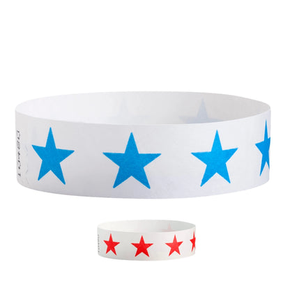 tyvek 3/4" wristbands - white background with star pattern, shown in neon blue and neon red