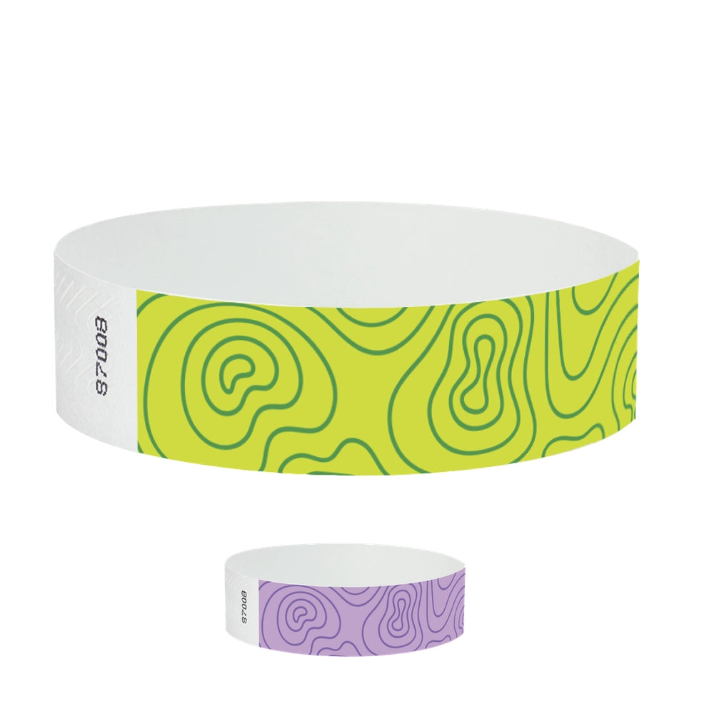 tyvek 3/4" wristband - topographic map pattern shown in lime green, and berry