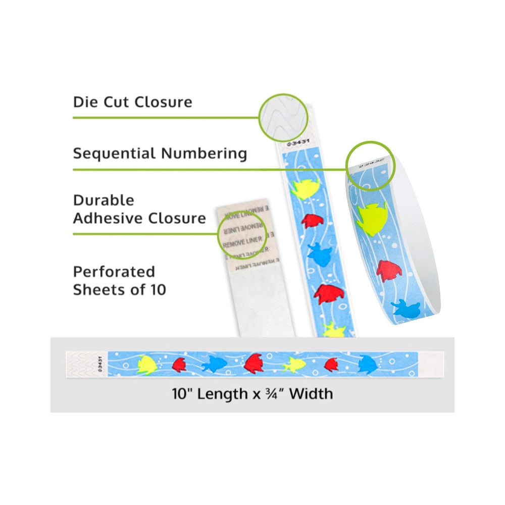 tropical fish tyvek wristband detail product page showing the die cut adhesive closure, sequential numbering, perforated sheets of 10 and the dimensions.