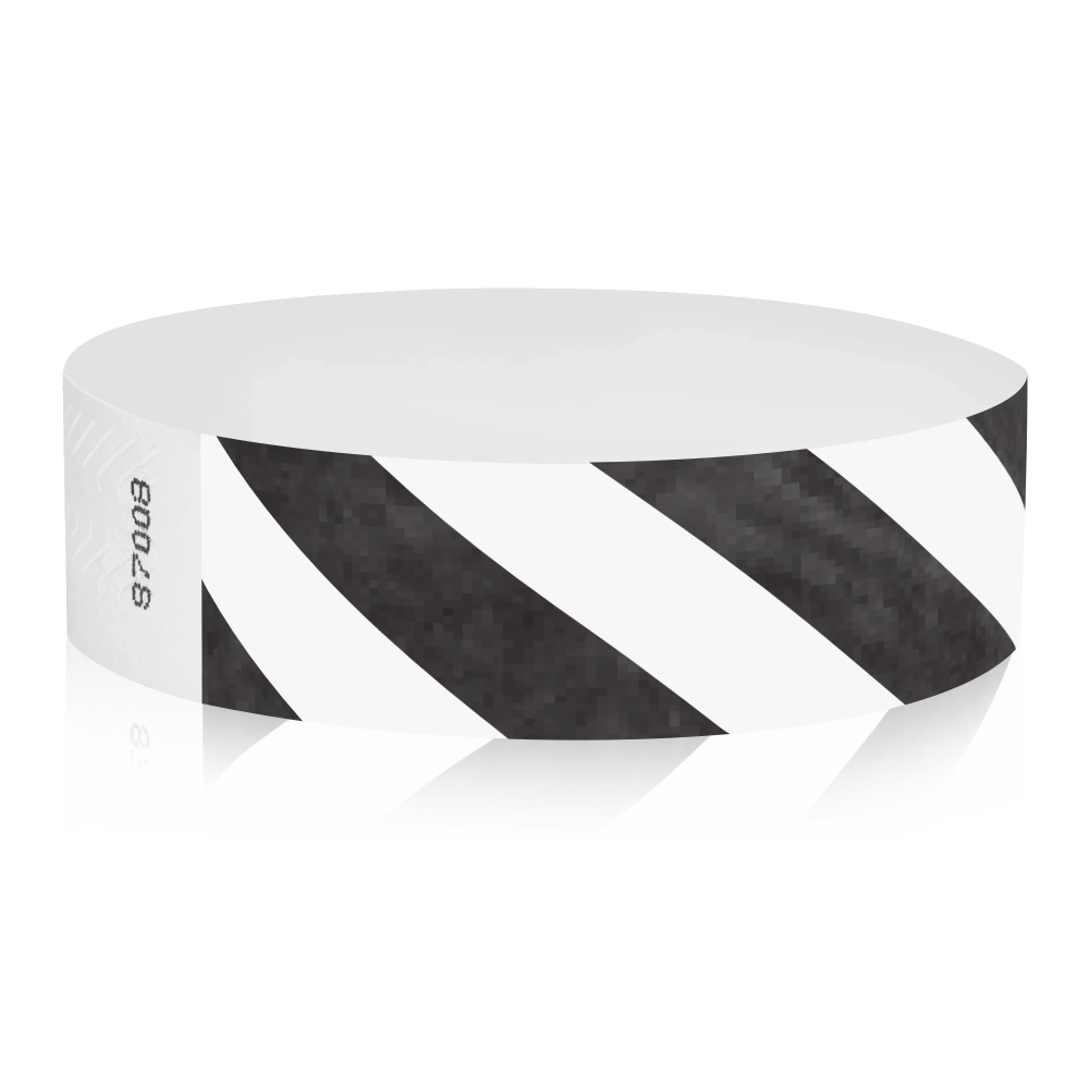 White tyvek wristband with black diagonal stripes - round version shown
