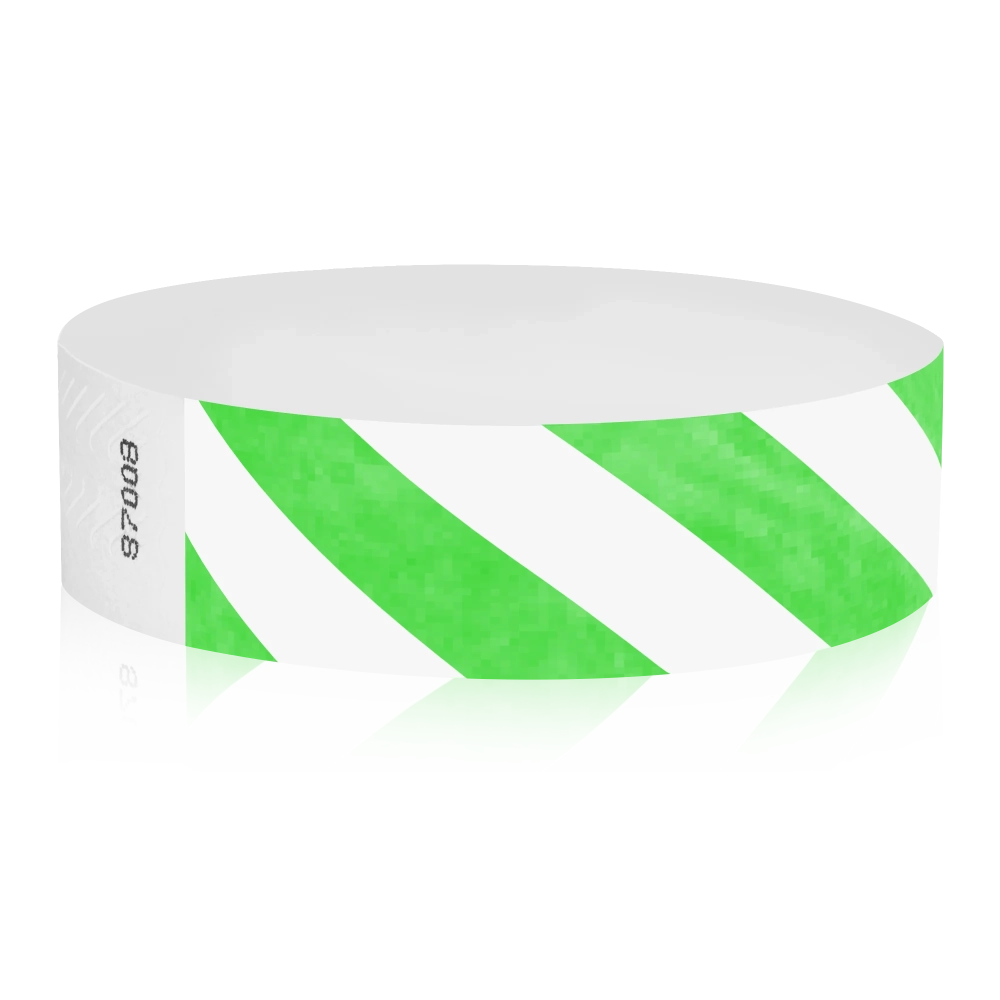 White tyvek wristband with neon green diagonal stripes - round version shown