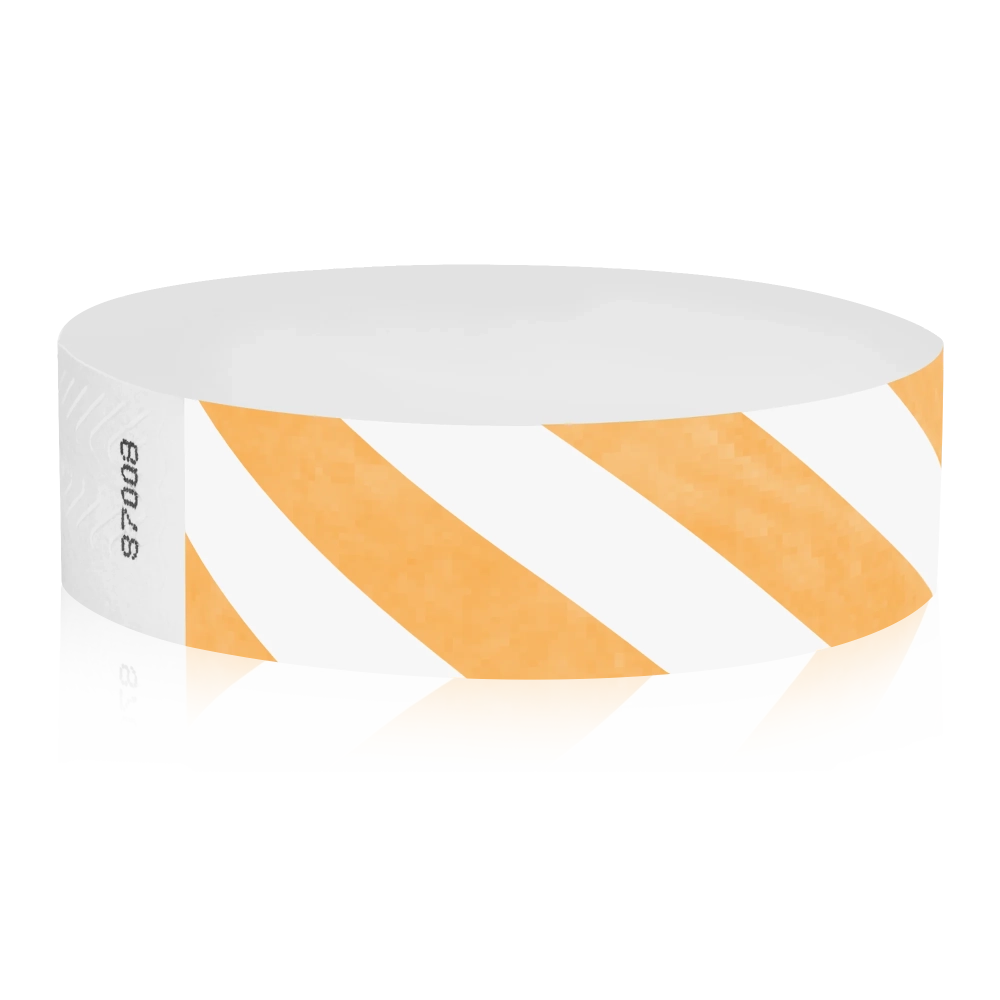 White tyvek wristband with Neon Orange  diagonal stripes - round version shown