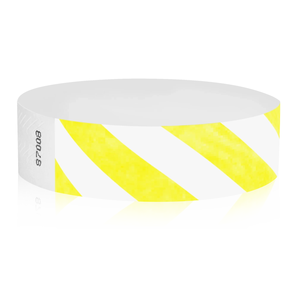 White tyvek wristband with neon yellow diagonal stripes - round version shown