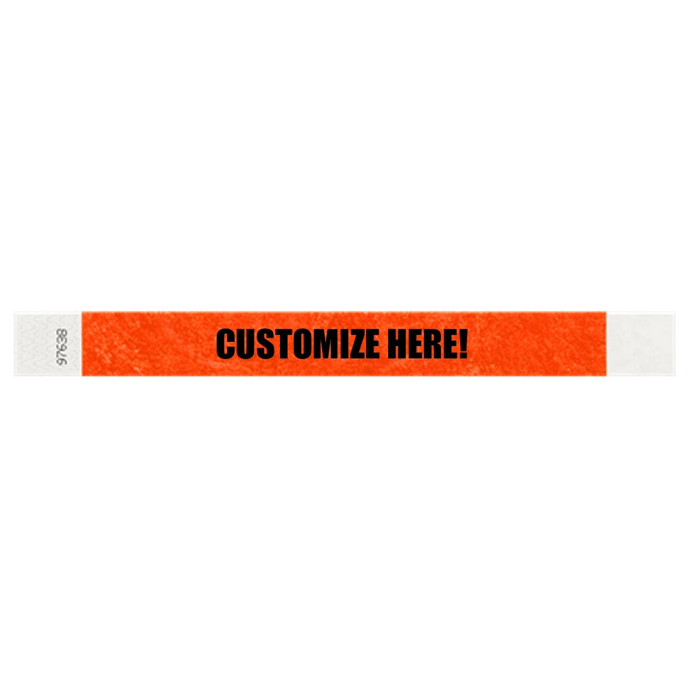 Tyvek 1" wristband in solid coral red with black text "CUSTOMIZE HERE!" - shown in flat 