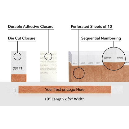 Diagram of a wristband packaging system with durable adhesive closure, die cut closure, perforated sheets, and sequential numbering.  Shown with a placement for your customization in tyvek 3/4" solid mocha