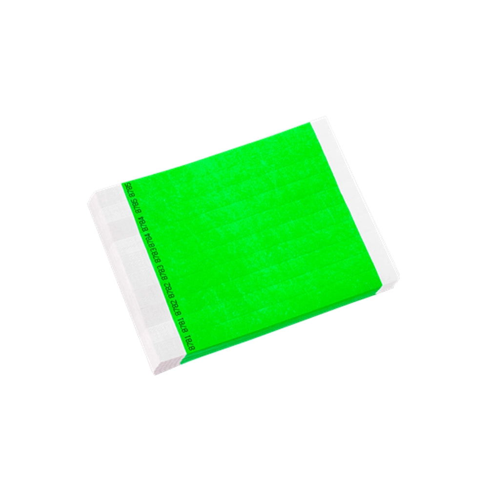 duplicate number sets in neon green tyvek 3/4" wristbands - shown in sheets of 10 