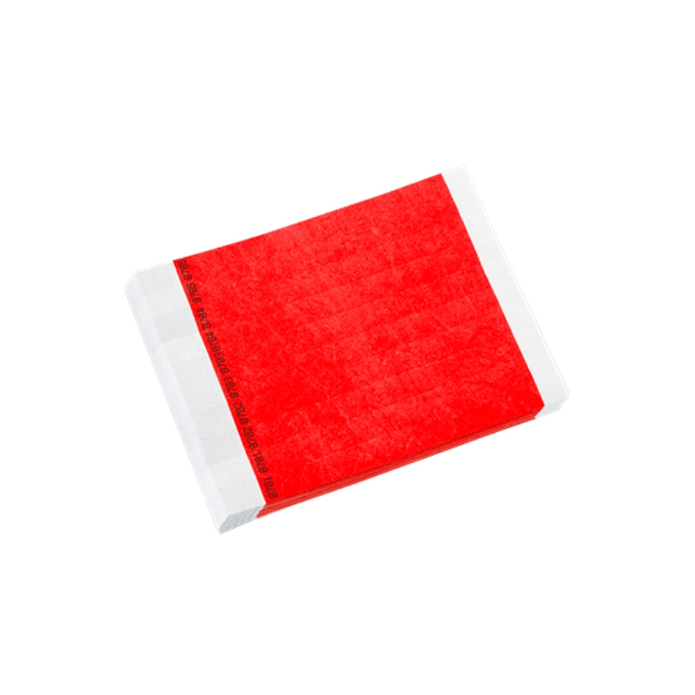 duplicate number sets in neon red tyvek 3/4" wristbands - shown in sheets of 10 