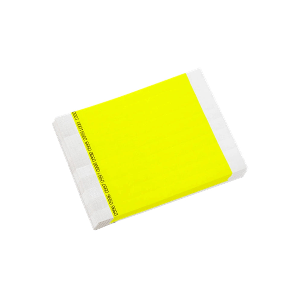 duplicate number sets in neon yellow tyvek 3/4" wristbands - shown in sheets of 10 