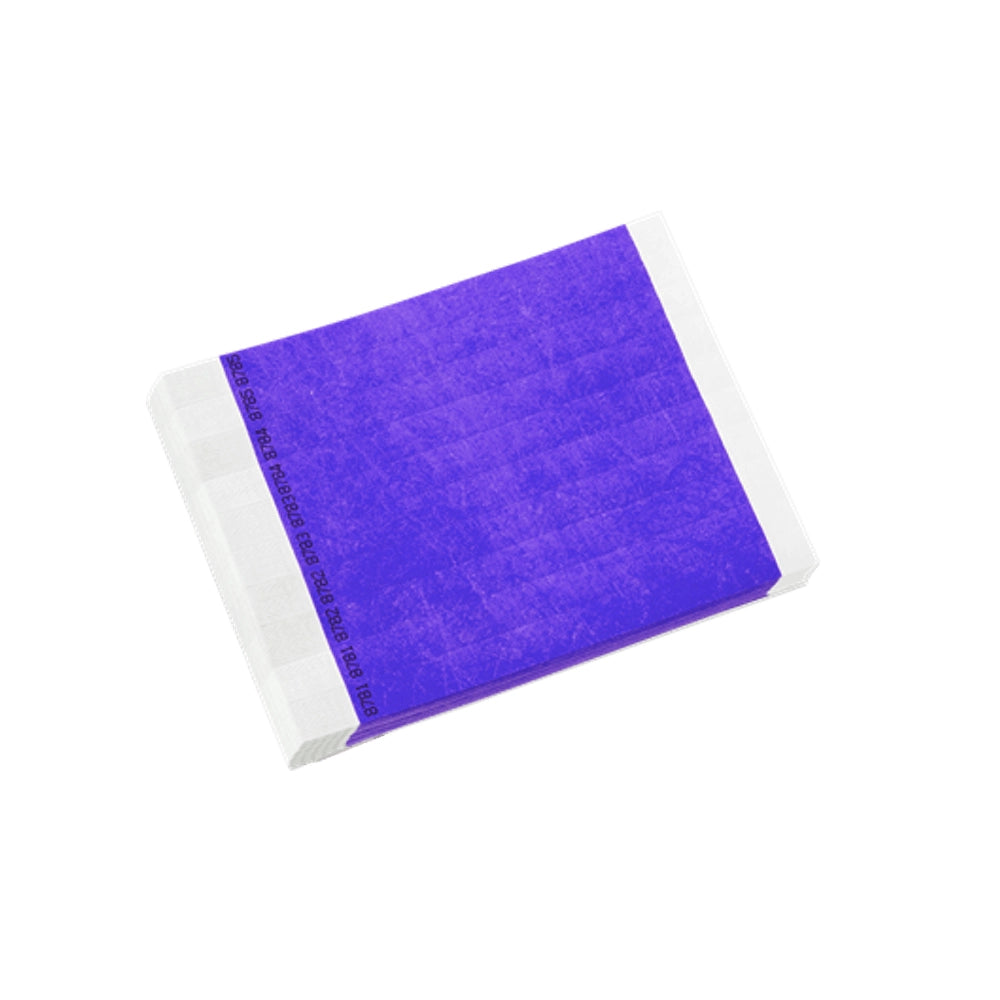 duplicate number sets in pruple tyvek 3/4" wristbands - shown in sheets of 10 