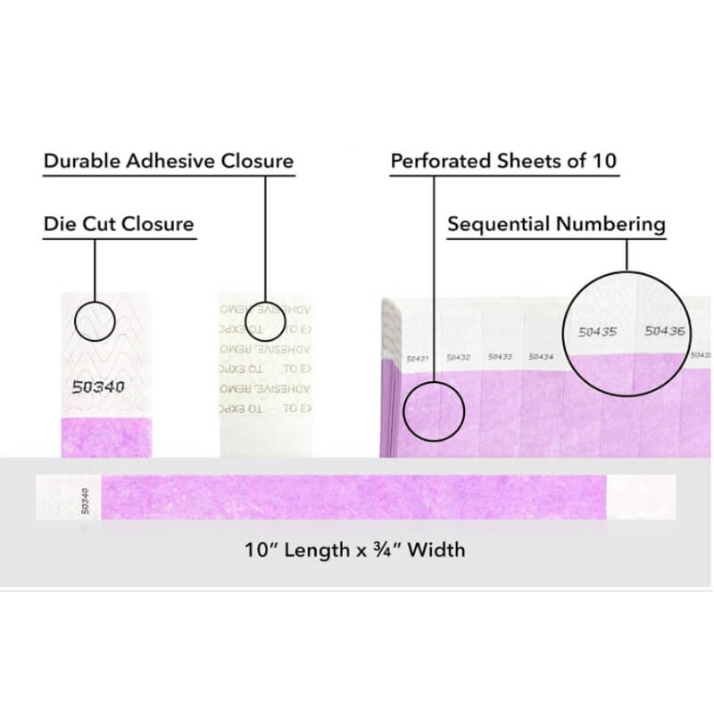 detailed information about product showing a durable die cut adhesive closure, sequential numbering and perforated sheets of 10 on tyvek 3/4" wristbands shown in solid berry