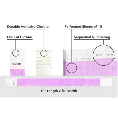 detailed information about product showing a durable die cut adhesive closure, sequential numbering and perforated sheets of 10 on tyvek 3/4" wristbands shown in solid berry