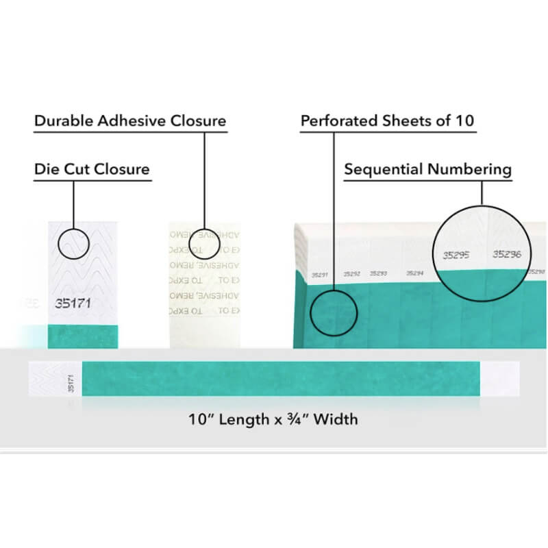 detailed information about product showing a durable die cut adhesive closure, sequential numbering and perforated sheets of 10 on tyvek 3/4" wristbands shown in solid caribbean blue