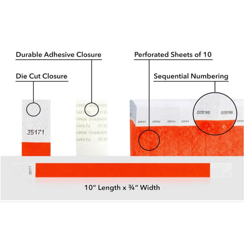 detailed information about product showing a durable die cut adhesive closure, sequential numbering and perforated sheets of 10 on tyvek 3/4" wristbands shown in solid coral red