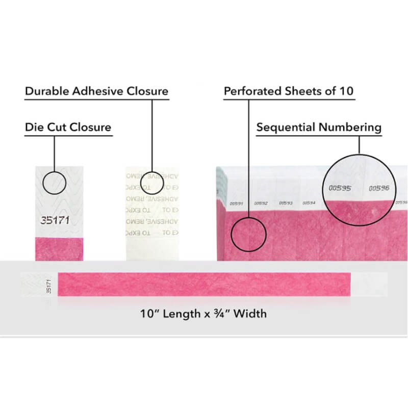 detailed information about product showing a durable die cut adhesive closure, sequential numbering and perforated sheets of 10 on tyvek 3/4" wristbands shown in solid cranberry