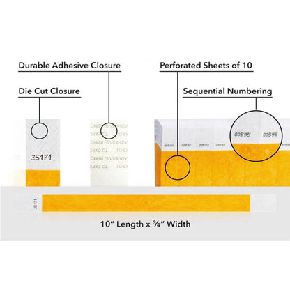 detailed information about product showing a durable die cut adhesive closure, sequential numbering and perforated sheets of 10 on tyvek 3/4" wristbands shown in solid goldenrod
