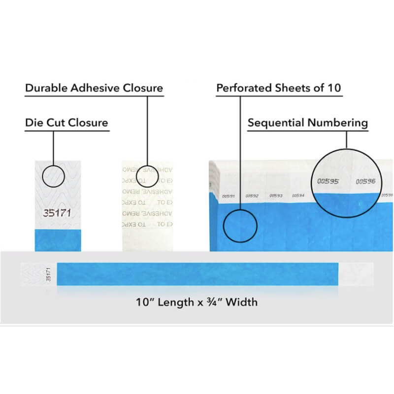detailed information about product showing a durable die cut adhesive closure, sequential numbering and perforated sheets of 10 on tyvek 3/4" wristbands shown in solid neon blue